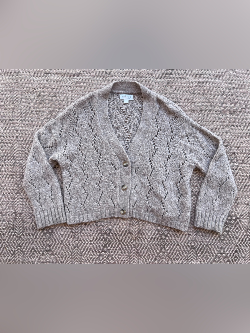 Velvet Graham Spencer Cardigan M Taupe Alpaca Wool Pointelle Cable Knit Peru